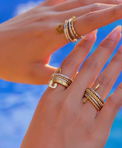 18 k gold plated Demi fine stackable rings which are water resistant and hypoallergenic.
