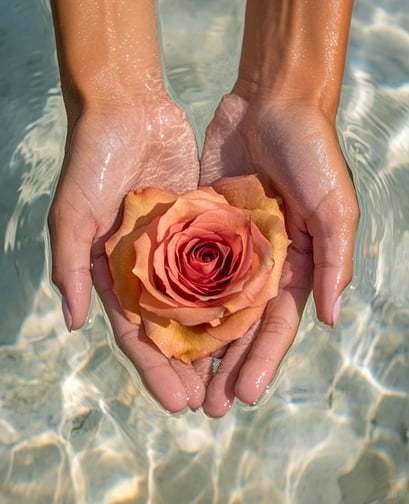 Dos manos sosteniendo una rosa naranja sobre agua de mar y arena blanca 