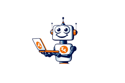 a robot with a laptop on a desk