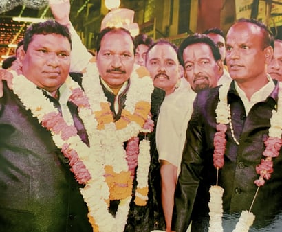 Owner Manohar Lal, Master Madal Lal, and Ashok of the Manohar Brass Band during the old days at the Gangaur festival.