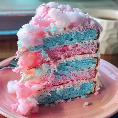 Blue and pink layered cotton candy cake topped with fluffy cotton candy for decoration