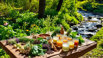 Various herbal plants and ingredients laid out on a rustic wooden table,