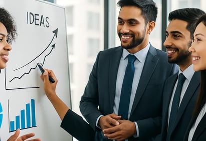 a group of business people standing around a white board board
