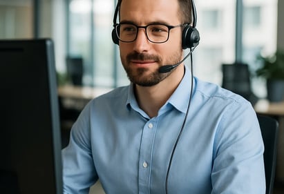 a man in a blue shirt and headphones on a computer