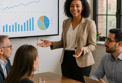 a woman in a business suit is standing in front of a presentation screen