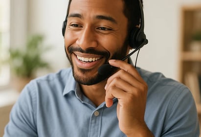 a man in a blue shirt and headphones on a phone