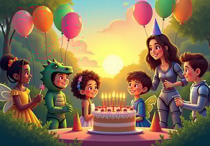 Illustration de fête d'anniversaire avec déguisements, ballons et animatrice