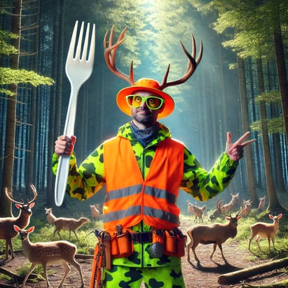 Eccentric hunter in neon gear with a spork in a sunlit, empty forest.