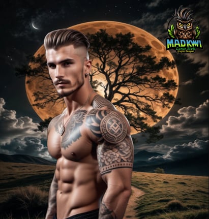 a man with tattoos on his chest in the even upon a hill with the moon low and bright