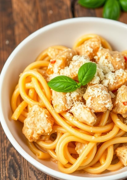 a bowl of pasta with chicken and cheese