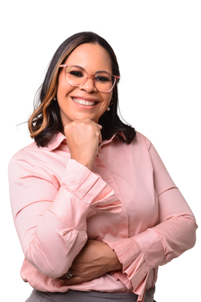 a woman in a pink shirt and glasses