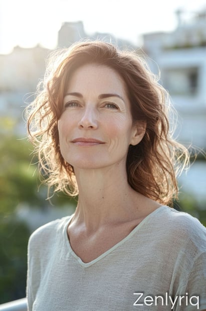 confident woman standing in sunlight with a soft smile, representing calm energy and natural daily b