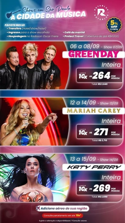 Flyer de promoções de pacotes para curtir os shows internacionais em São Paulo