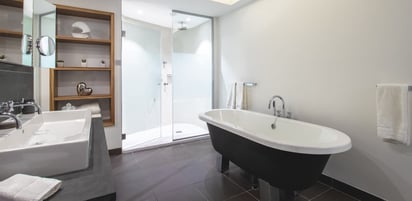 a bathroom with a bathtub and a shower