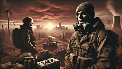 A resilient survivor in a post-apocalyptic landscape, wearing survival gear with a gas mask