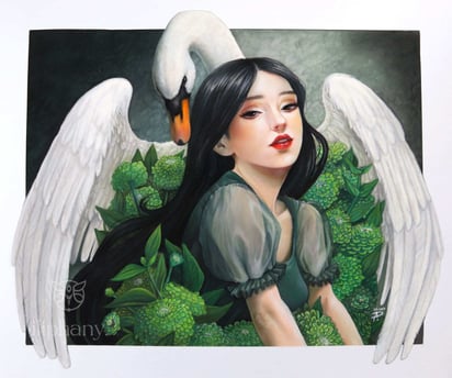 pastel painting depicting a woman sitting and a swan with opened wings behind her