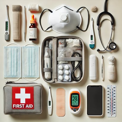 Emergency preparedness items neatly arranged.