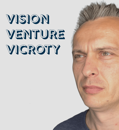 Picture of face of Stan Tscherenkow with a quote Vision, Venture, Victory