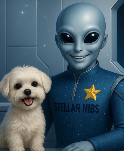 Stéllio o Extraterrestre da Stellar Nibs sorrindo junto com sua Mascote Estrelinha