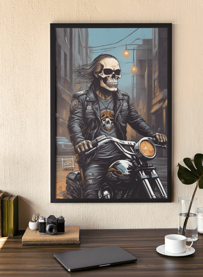 Decoração autêntica: Quadro de Motociclista Harley para um escritório cheio de atitude.