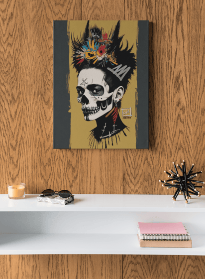 Escritório decorado com ilustração de parede em estilo grafite.