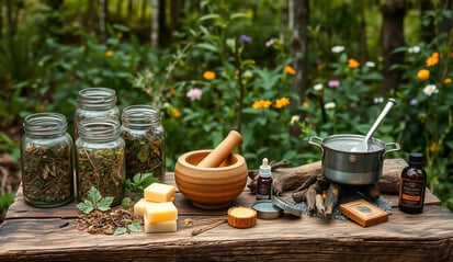 Wooden table displaying the process of making herbal salves: