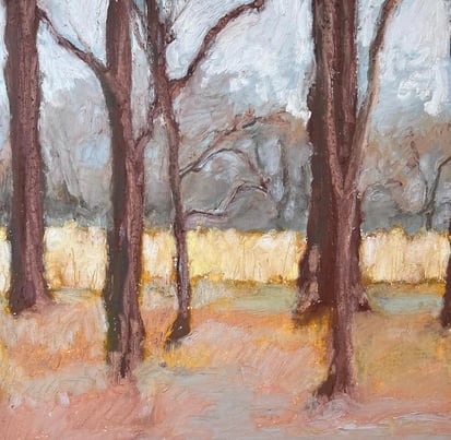 a painting of a forest scene with trees
