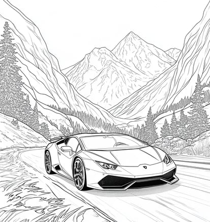 A highly detailed line  image of a lamborghini Huracan in the mountains