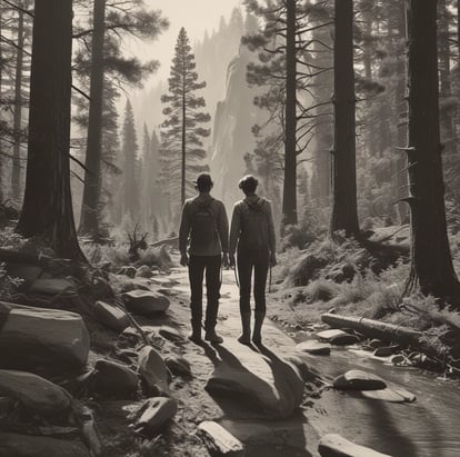 A black and white photograph capturing two hikers walking along a rocky path surrounded by tall trees in a dense forest. Both hikers carry backpacks and use trekking poles, creating a sense of adventure and exploration in a natural setting.