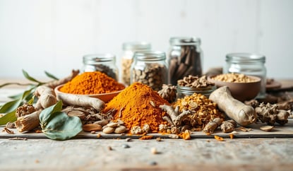 An assortment of Ayurvedic herbs and spices for pain relief