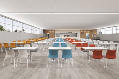 Large cafeteria setup with multicolored Rita chairs arranged in rows