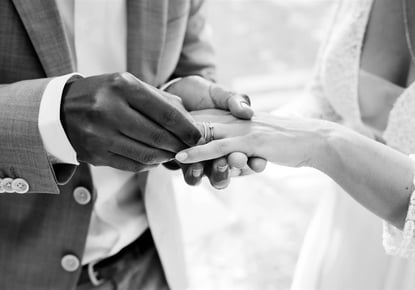 Black and white editorial fine art photo of exchanging wedding rings — Bonjour Mrs Bride, South of F