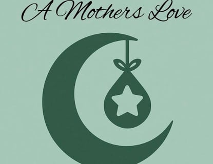 Illustration of a dark green crescent moon carding a hanging baby bundle with a star set up against a light green background 