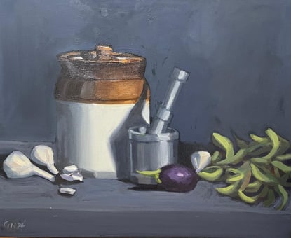 A still life painting of simple household objects painted using traditional painting techniques