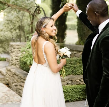 Groom discovering his bride during a romantic first look in Provence