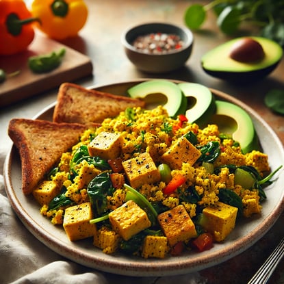  egg-free tofu scramble with sautéed vegetables, toast, and avocado