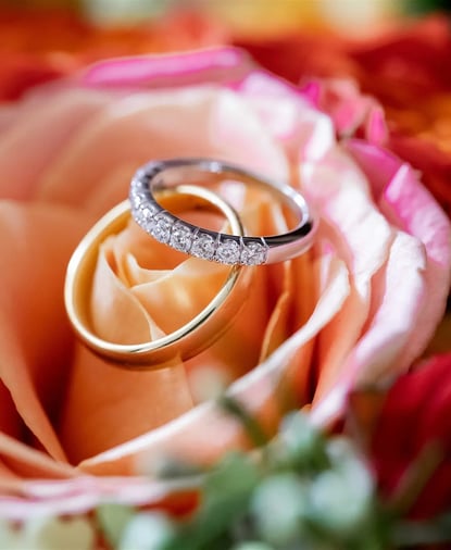 Fine art editorial detail of wedding rings on colorful roses — South of France wedding