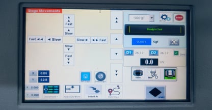 "Screen interface of a Micro Vickers hardness tester displaying test results and measurement data."