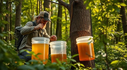 a man collecting tree sap with plastic buckets