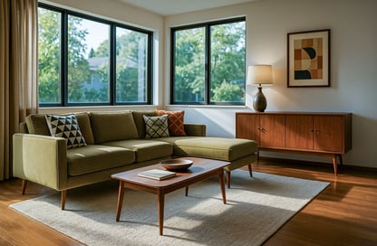 Mid-Century Modern living room with mustard sofa, chaise, walnut furniture, and large sunlit windows