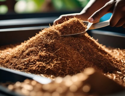 The image shows a person's hands using a scoop to gather a pile of brown, fibrous material