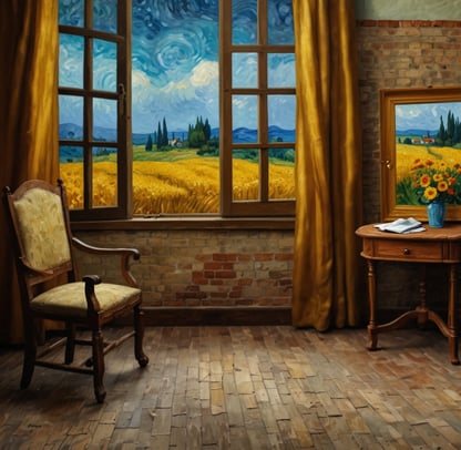 a painting of a chair and a chair in a room. VAn goh style