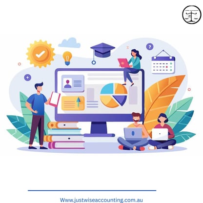 Cartoon illustration of people working on computers, surrounded by books and a graduation cap, promo