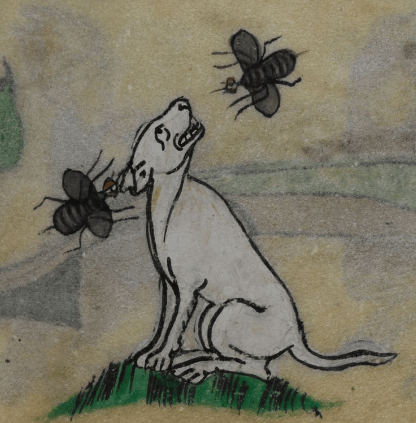 Details of bees and dog from Maastricht Book of Hours, BL Stowe MS.17, f. 48r
