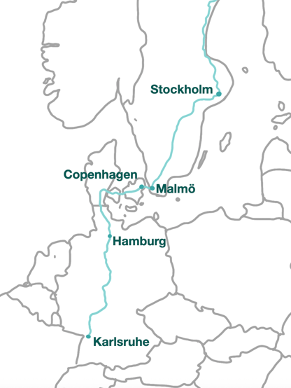 Travel Map Karlsruhe to Stockholm via Hamburg, Copenhagen and Malmö
