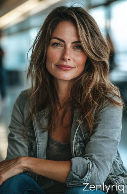 confident woman with wavy hair in casual outfit, symbolizing inner balance and gentle gut wellness