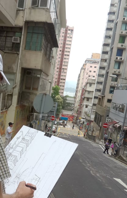 藝術家林仁亞在香港街頭素描