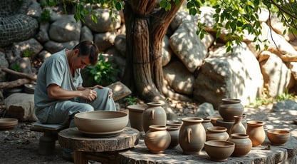 Pottery artist shaping wild clay on a wooden wheel, 