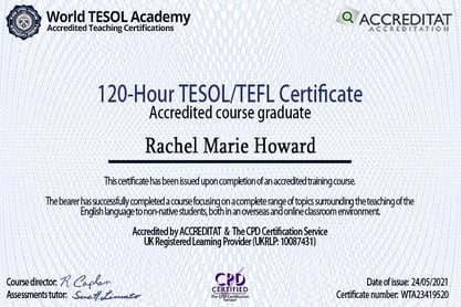 An accredited certificate for the TEFL course. 