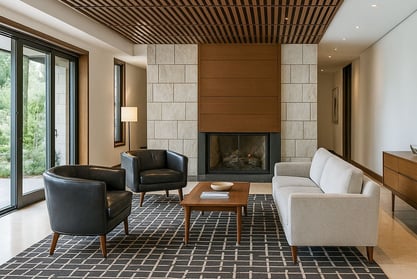 Mid-century style room with cream sofa, black chairs, grid rug, wood ceiling, and stone fireplace.